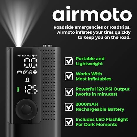 Airmoto Tire Inflator Portable Air Compressor - Air Pump for Car Tires with Tire Pressure Gauge - One Click Smart Pump Tire Inflator for Car, Motorcycle, Bicycle and More