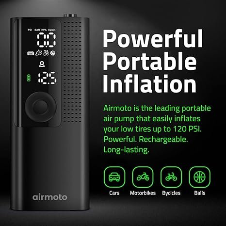 Airmoto Tire Inflator Portable Air Compressor - Air Pump for Car Tires with Tire Pressure Gauge - One Click Smart Pump Tire Inflator for Car, Motorcycle, Bicycle and More