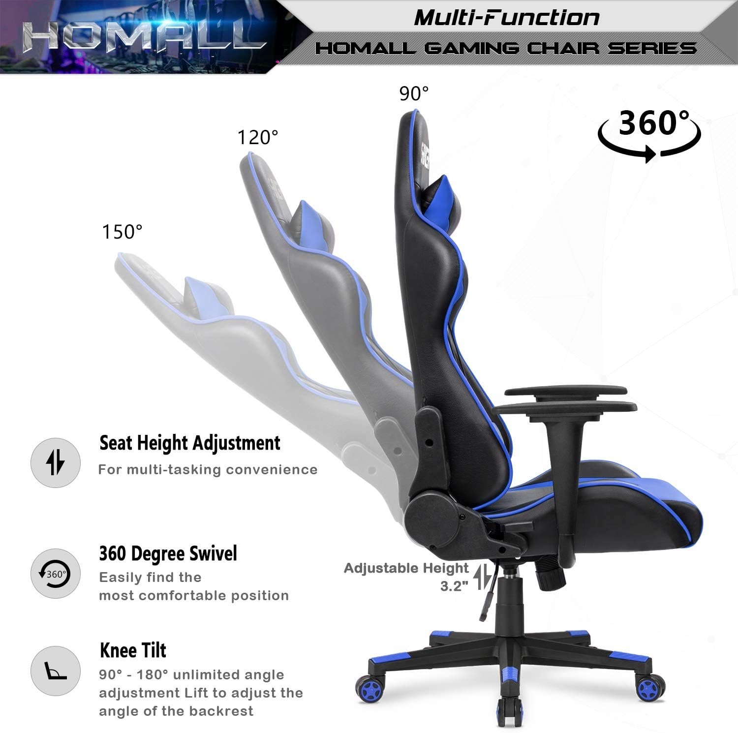 Homall Gaming Executive Ergonomic Adjustable Swivel Task Chair with Headrest and Lumbar Support (Blue)