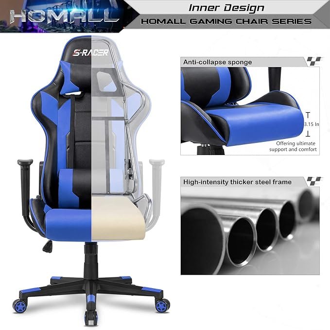 Homall Gaming Executive Ergonomic Adjustable Swivel Task Chair with Headrest and Lumbar Support (Blue)