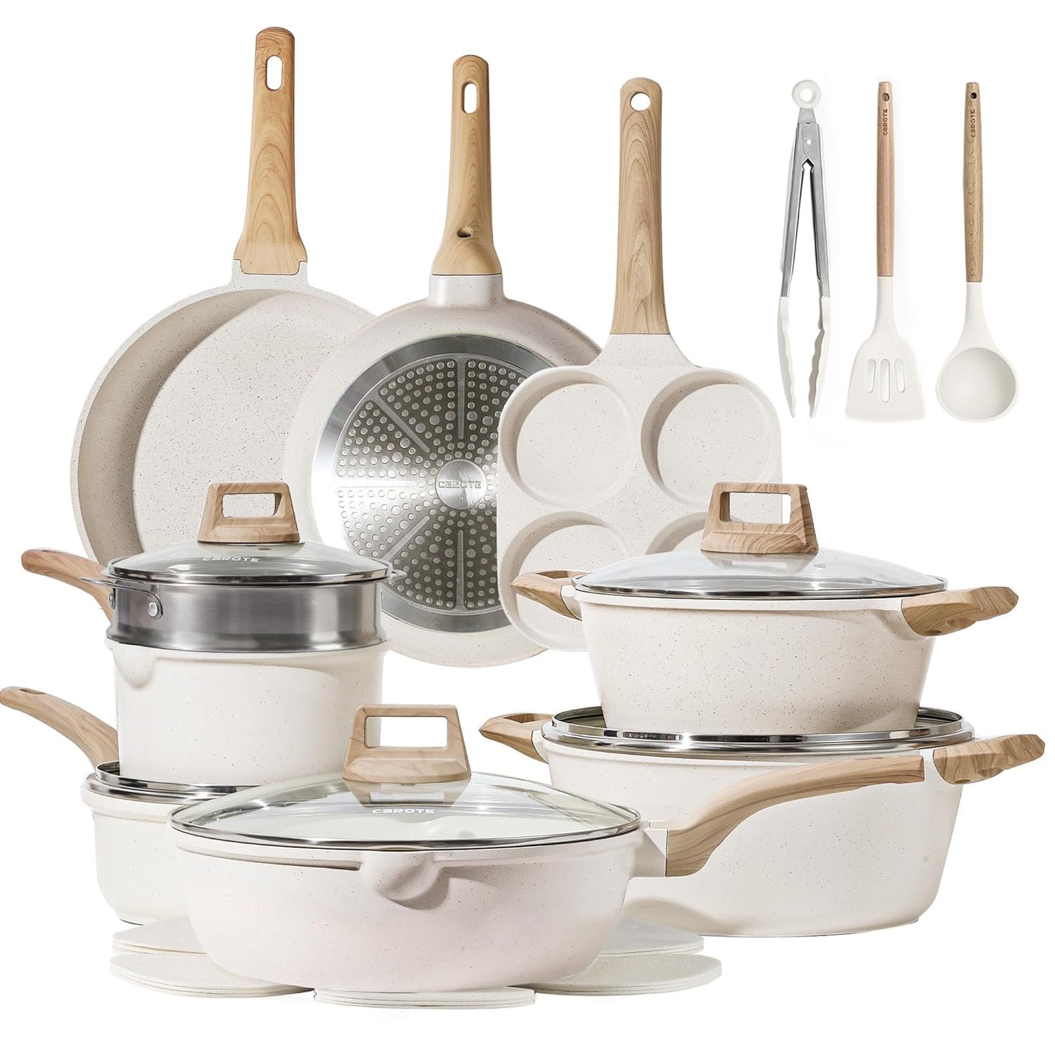 CAROTE 21-Pc White Granite Cookware — Stylish & Affordable carote-21pcs-pots-and-pans-set-nonstick-cookware-sets-white-granite-induction-cookware-non-stick-cooking-set-w-frying-pans-saucepans-pfos-pfoa-free-