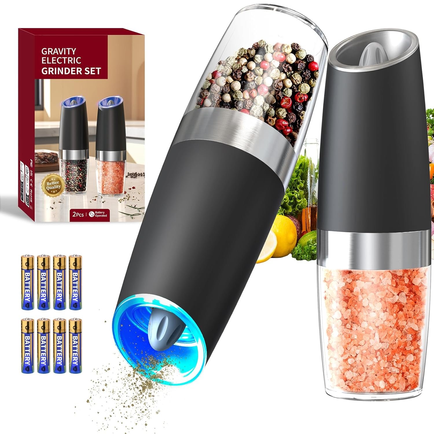 CIRCLE JOY Auto Salt & Pepper Grinders — LED, Adjustable, $24.99 circle-joy-gravity-electric-salt-and-pepper-grinder-set-automatic-salt-and-pepper-grinder-set-with-led-light-battery-operated-adjustable-coarseness-large-capacity-for-home-kitchen-bbq