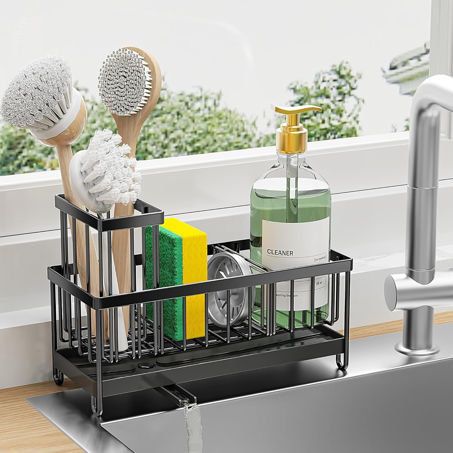 Cisily Sink Caddy: Rustproof, Space-Saving Kitchen Organizer cisily-black-sponge-holder-for-kitchen-sink-sink-caddy-organizer-with-high-brush-holder-kitchen-countertop-organizers-and-storage-essentials-rustproof-304-stainless-steel-soap-dispenser-organize