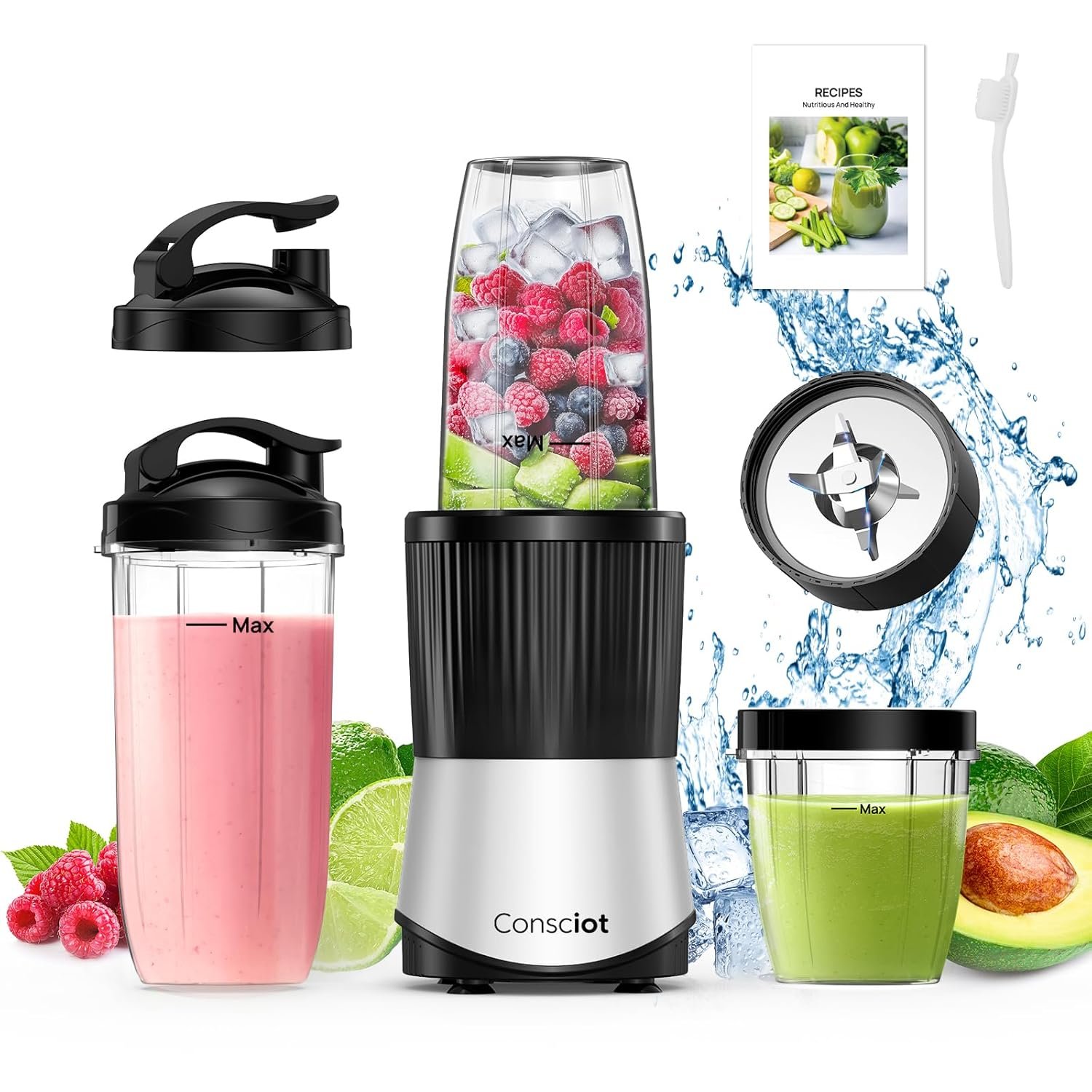 Consciot CB08: Tiny Powerhouse Blender for Smoothies & Shakes consciot-cb08-11-piece-blender-for-kitchen-and-personal-size-blend-shakes-and-smoothies-frozen-drinks-baby-food-spreads-more-3-portable-to-go-cups-2-spout-lids-1-solid-lid-900-peak-watts