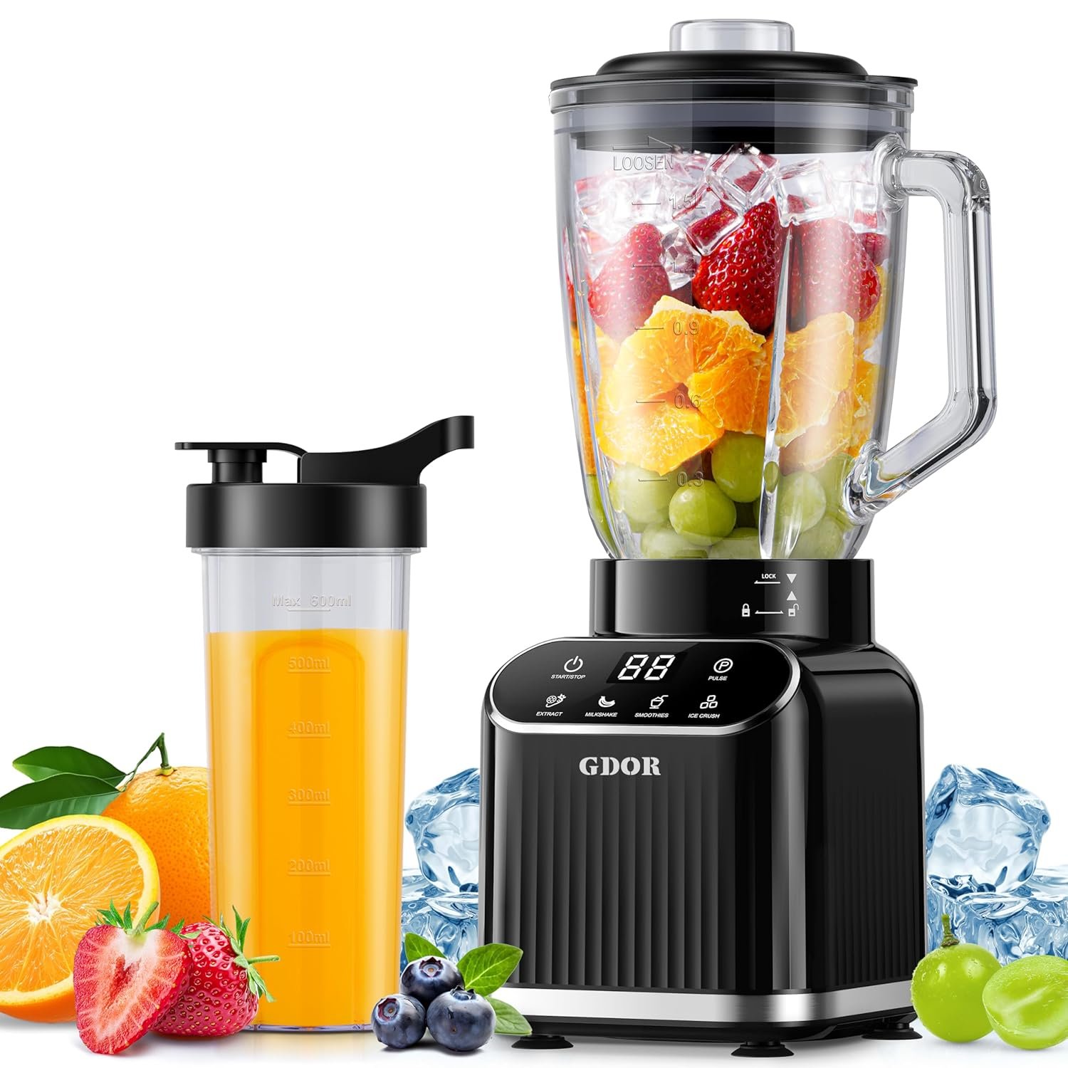 GDOR Professional Blender for: Pros, Cons & Best Deals gdor-professional-blender-for-smoothies-5-functions-1200-peak-watts-smoothie-blender-52-oz-glass-jar-24-oz-to-go-cup-combo-ice-crushing-frozen-fruit-self-cleaning-black