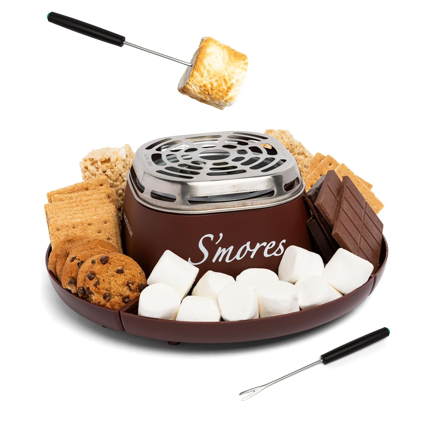 Nostalgia Indoor S'mores Maker: Movie-Night Magic for $30 nostalgia-tabletop-indoor-electric-s-mores-maker-smores-kit-with-marshmallow-roasting-sticks-and-4-trays-for-graham-crackers-chocolate-and-marshmallows-movie-night-supplies-brown
