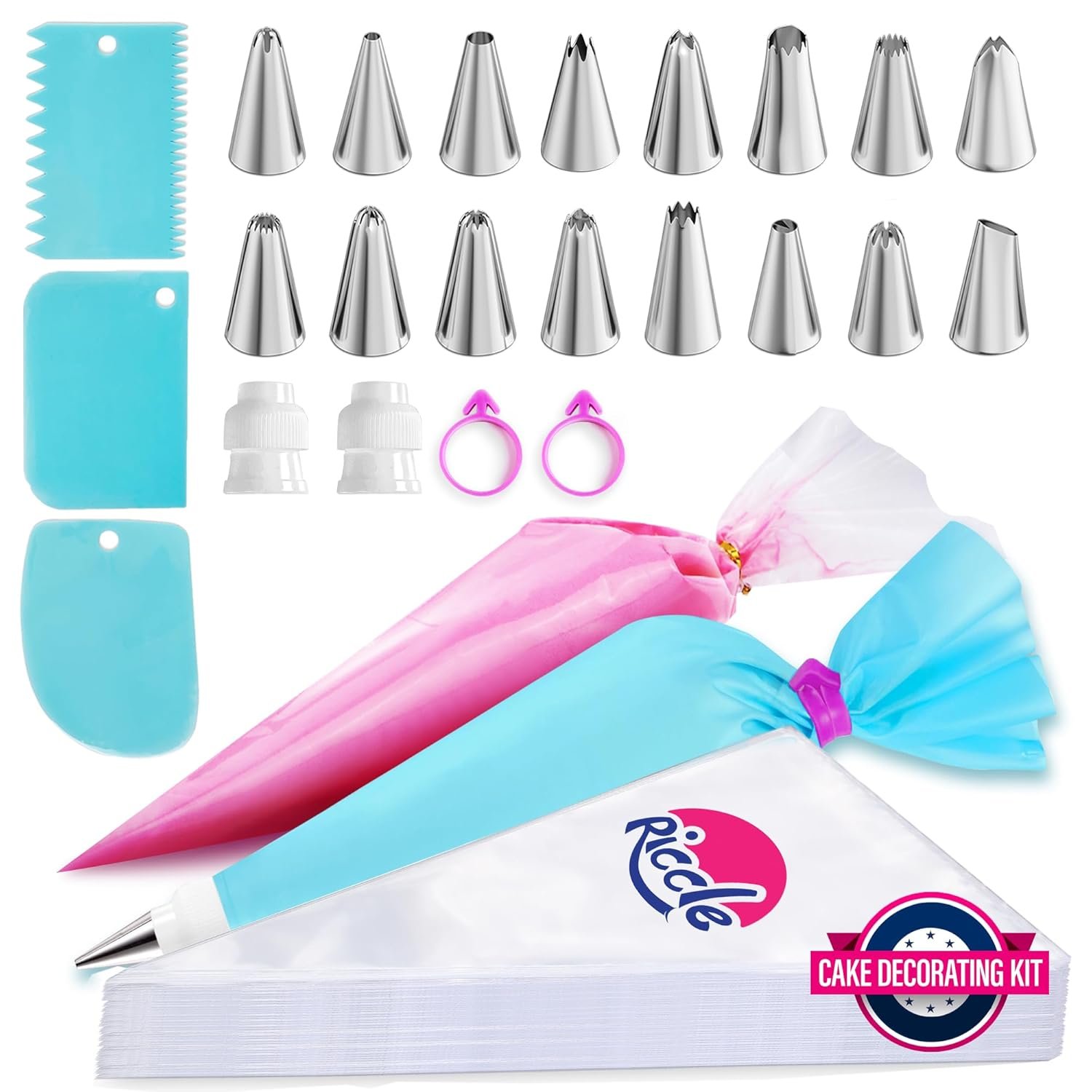 Why Bakers Love the Riccle Piping Set — 4.5★ Value at $8.99 riccle-piping-bags-and-tips-set-11-8-inch-100-anti-burst-piping-bags-124-pcs-cake-decorating-kit-with-16-piping-tips-1-reusable-pastry-bags-3-cake-scrapers-2-couplers-and-2-icing-bags-ties