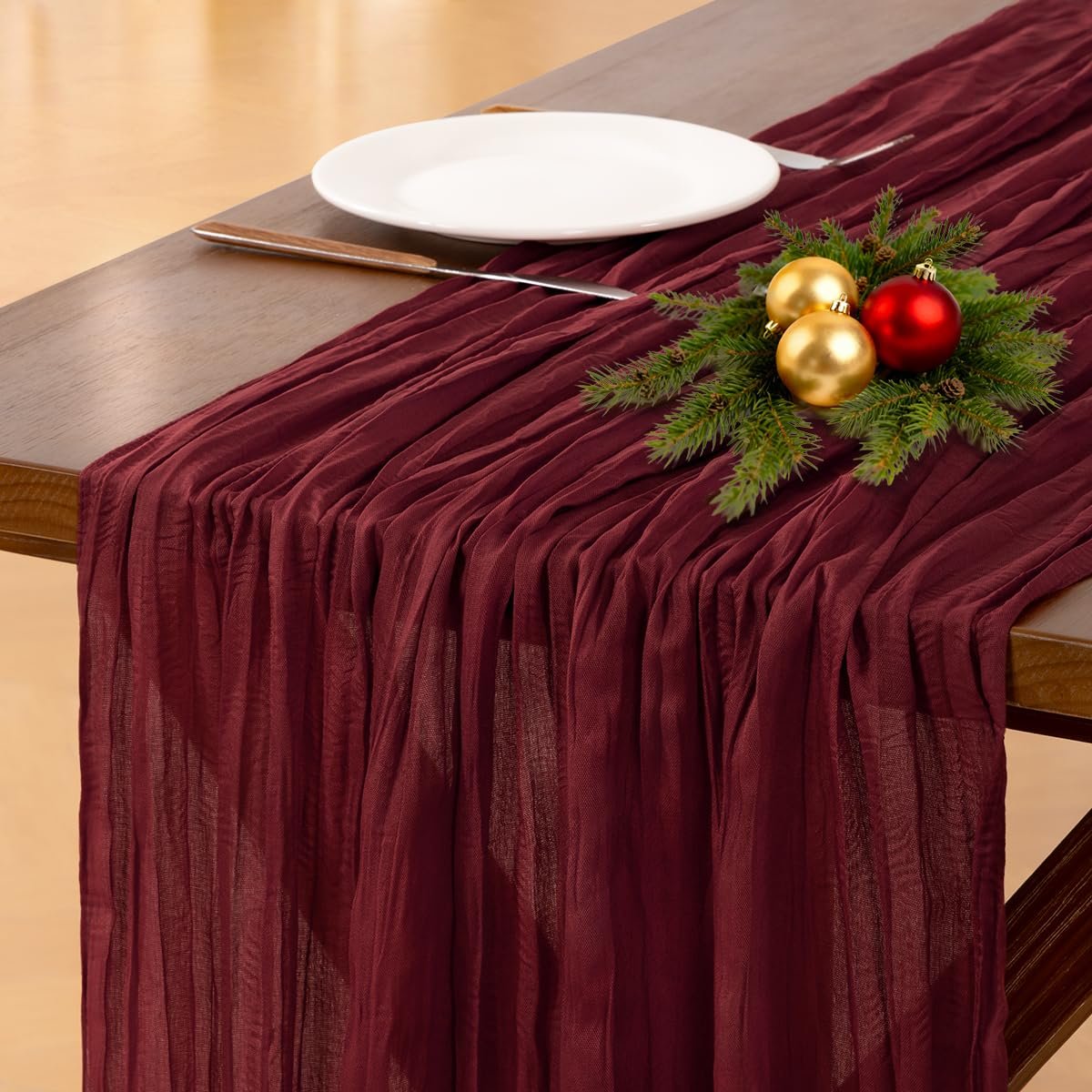 4.8★ Burgundy Gauze Table Runner — Boho Holiday Charm for $12 Version 1.0.0